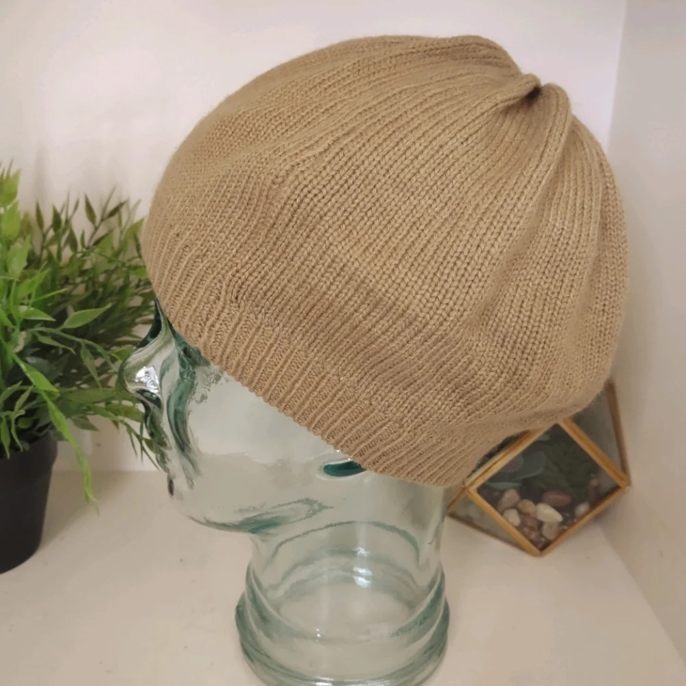 Hat Knit Rosette Tan
